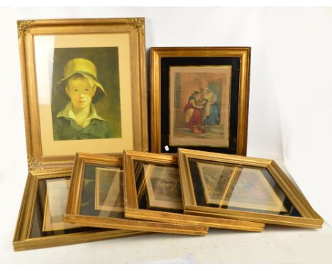 A set of five "Cries of London" chromolithographs, a coloured print depicting a boy, all framed and glazed, also a fretwork d