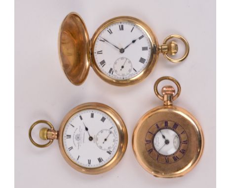LANCASHIRE WATCH CO LTD; an early 20th century gold plated crown wind half hunter pocket watch with white enamel dial set wit
