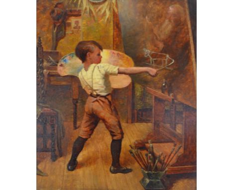 FREDERICK BATES; a late 19th century oil on board depicting a boy in artist's study overpainting a portrait with doodles, scr