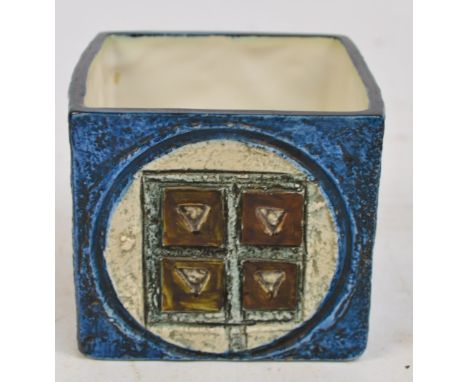 TROIKA; a blue ground textured square section vase, painted marks to base, artist's initial, probably for Alison Bridgen, hei