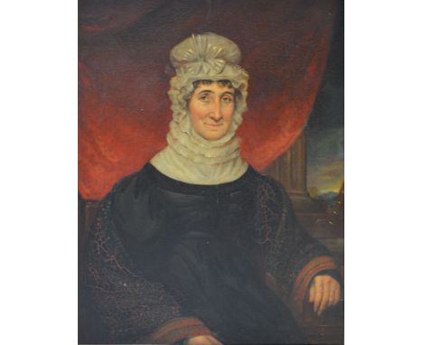 19TH CENTURY ENGLISH SCHOOL; oil on canvas, portrait study of a woman wearing a lace bonnet with landscape beyond, unsigned, 