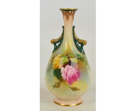 A small Hadley's Royal Worcester vase hand painted with roses beneath pierced handles, with green printed marks to base, no.2