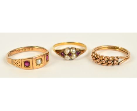 A Victorian 15ct yellow gold ring set with seed cultured pearl flanked by rubies, size R/S, a further similarly decorated yel