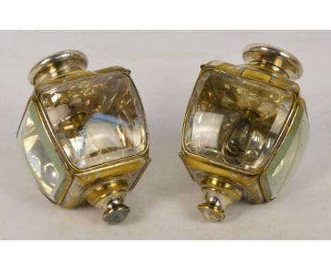 A pair of electroplated brass electric carriage lamps, the bellied tapering bodies with bevelled glass front and side apertur