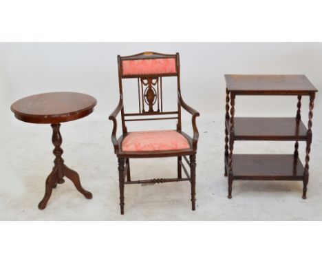 An oak three tier rectangular table with barleytwist columns, 50.5 x 37.5cm, also a modern circular tripod table and an Edwar