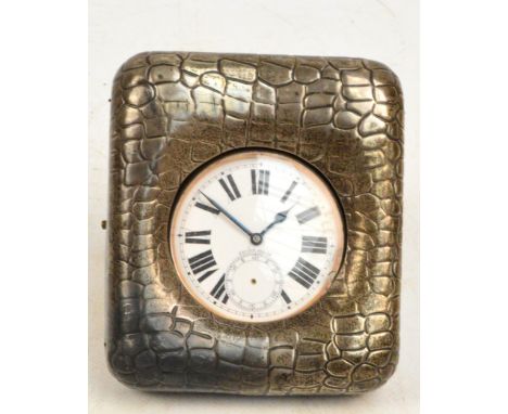 A Victorian hallmarked silver framed travelling clock in the form of an oversized silver plated crown wind pocket watch, the 