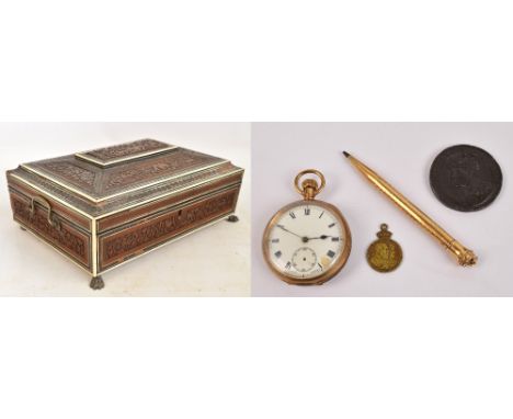 An Anglo Indian Vizagapatam micromosaic decorated rectangular sewing box with caddy top enclosing various mainly lidded compa