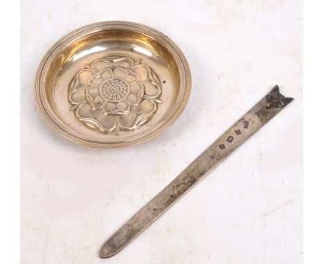 An Elizabeth II hallmarked silver circular pin dish embossed with a Tudor Rose, CJ Vander Ltd, London 1965, diameter 9.5cm, a