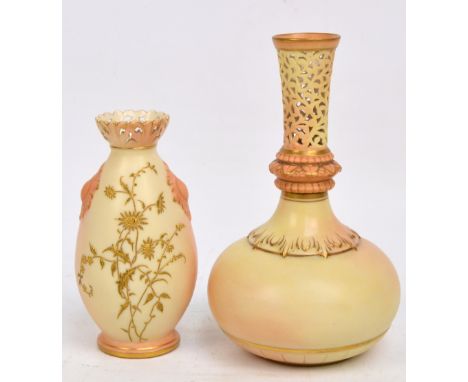 A Locke & Co Worcester blush ivory bottle vase with gilt heightened moulded decoration and reticulated neck, with green "Shru