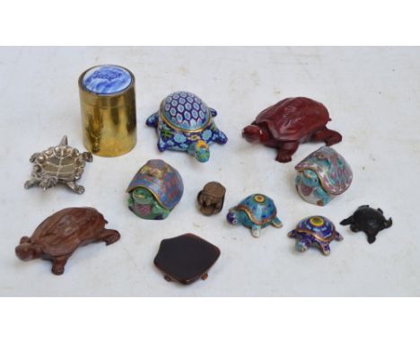 A group of various cloisonne enamel decorated tortoise trinket boxes in various sizes, also a carved hardwood netsuke modelle