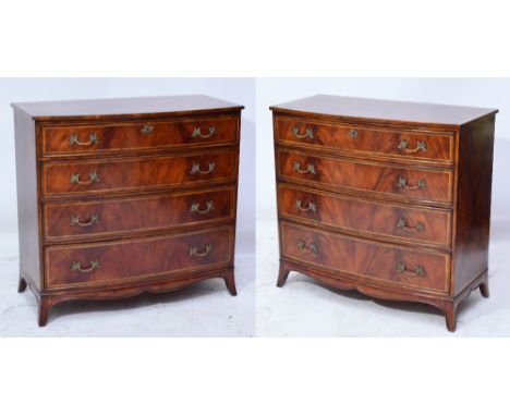 A good pair of reproduction mahogany and inlaid bowfronted chests of four long graduated drawers with crossbanded tops and ra