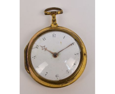 A c.1750 gold plated base metal pair cased open face key wind pocket watch, the circular enamel dial set with Arabic numerals