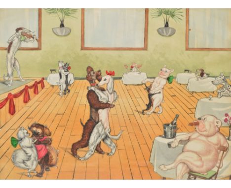 UNATTRIBUTED; a humorous print of dogs ballroom dancing, indistinctly signed in pencil lower right, with writing lower left h