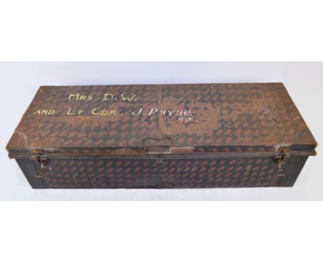 A vintage canvas leather bound suitcase and a large rectangular tin trunk inscribed "Mrs D.W. and Lt. Cdr. J. Payne. R.N." (2
