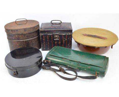 A circular enamel washing bowl with canvas and leather bound cover, a tin hat box, two further hat tins, and a vasculum (5).