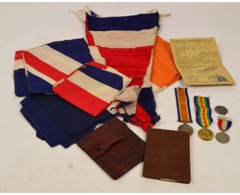 A pair of WWI medals awarded to 35922 Pte. L. Constantine. Bord. R., a Services Rendered for King and Empire badge, a 1937 co