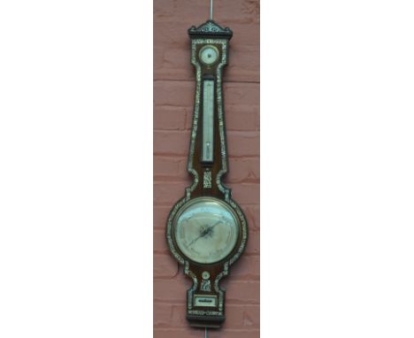 An early Victorian rosewood and mother of pearl inlaid wheel barometer, the ornate floral decorated case centred with main si