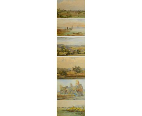 A group of six decorative watercolours, one depicting mountainous lake landscape, signed and dated lower right "K Barker 1909