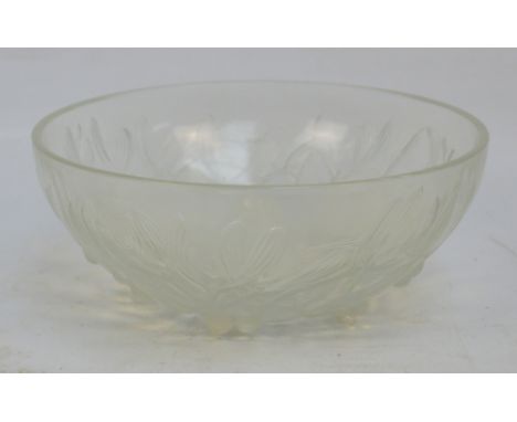 A pre-1945 Rene Lalique opalescent glass circular bowl with moulded mistletoe decoration to the outside, signed R Lalique Fra