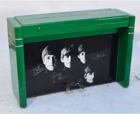 An Eavestaff "Minipiano" print decorated with images of The Beatles, green painted and also with gilt lettering "The Beatles"