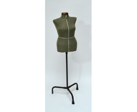 A tailor's dummy mannequin on tubular adjustable tripod stand.
