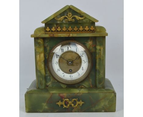 A c.1900 green onyx and gilt metal mounted mantel clock with enamel chapter ring  set with Arabic numerals and with Jules Rol