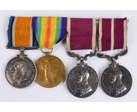Four WWI medals; the Victory Medal, the British War Medal, a George V Army Meritorious Service Medal and a George V Long Serv