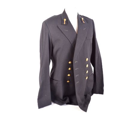 A Compton, Sons & Webb Ltd Army khaki jacket, trousers and tie and a navy blue jacket.