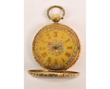An early 19th century 18ct yellow gold cased open face key wind pocket watch, the circular silvered dial set with applied Rom