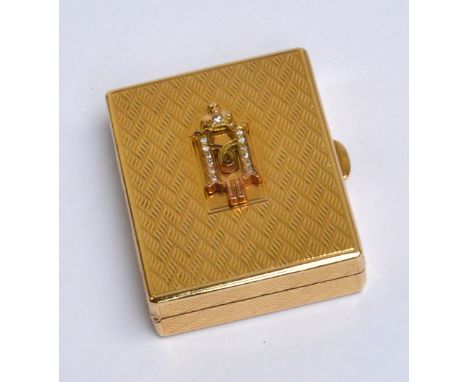 CARTIER; an early 20th century 14ct yellow gold rectangular snuff box, the engine turned hinged lid set with diamonds to the 