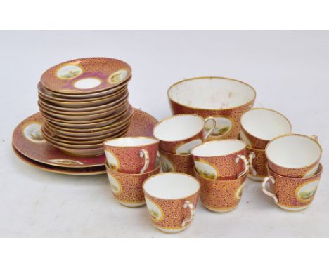 A late 19th century English tea service with gilt decorated broad panels on a pink/purple ground, set with oval hand painted 