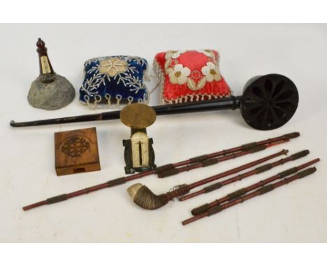 A quantity of collectors' items comprising a late 19th century tin, an extending ear trumpet with pierced and domed end, leng