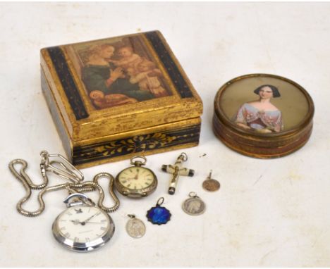 A small collection of items comprising a small French 800 standard silver cased fob watch with decorated case, the enamel dia