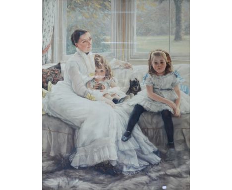 After JAMES JACQUES TISSOT; a large coloured print "Catherine Carey With Her Children and Dogs Seated by a Window", 127 x 99c