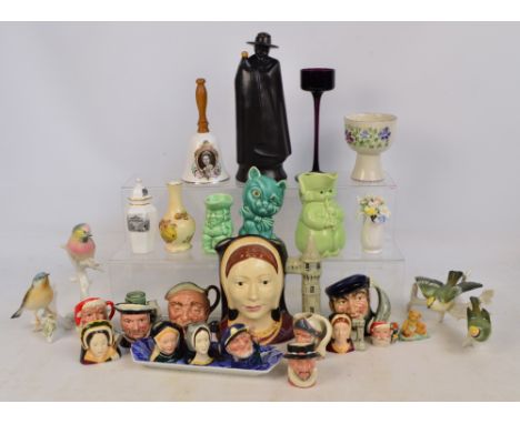 A number of small Royal Doulton character jugs including "Captain Ahab", "Farmer John", D6511 "Don Quixote", etc, a miniature