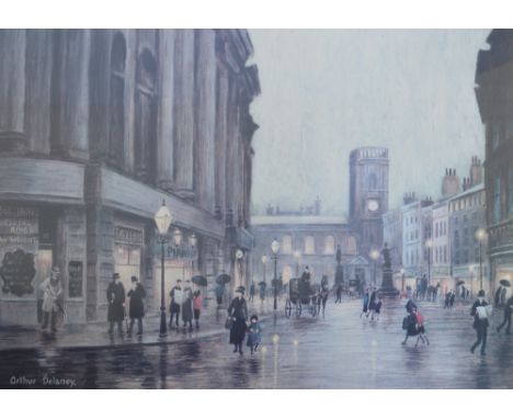 After ARTHUR DELANEY; a signed limited edition coloured print depicting a figural city street scene with horse carts, signed 