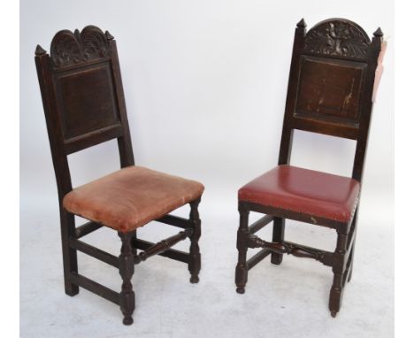 Two late 17th century oak back stools, each with carved top rail above panel back, padded seat and ring turned block legs uni