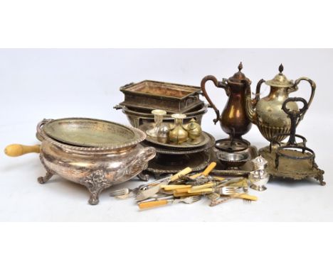 A quantity of predominantly Victorian silver plate including a large oval twin handled dish, ivory handled circular dish, cop