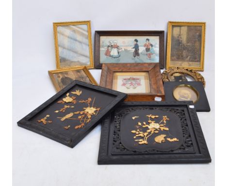 A Victorian coat of arms in distressed birds eye maple frame, two Oriental plaques, a pair of French prints and three others 