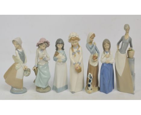 Seven Lladro ceramic figures to include a girl with a puppy and a jar of honey, a girl with a basket of flowers, and a girl w