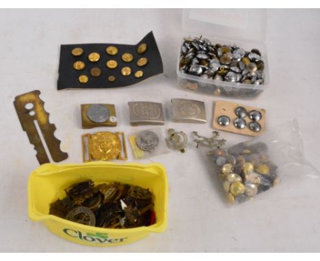 A large quantity of various military buttons, four belt clasps, and a button polishing tool.