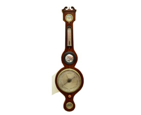 An early 19th century mahogany and boxwood strung five dial wheel barometer, unnamed, length 95cm.