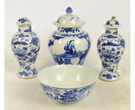 A late 19th/early 20th century Chinese ginger jar with associated cover, painted in underglaze blue with figural scene within