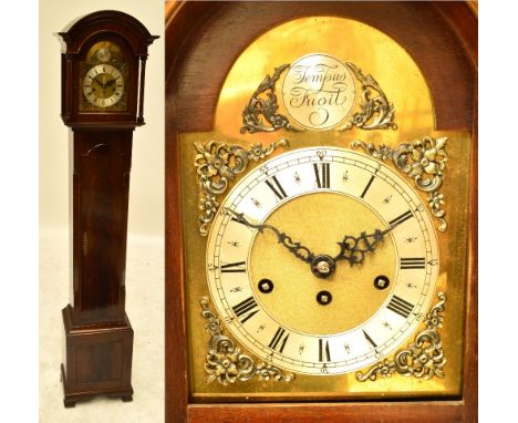 A mahogany cased longcase clock of small proportions, the domed hood with brass face and silvered chapter ring set with Roman