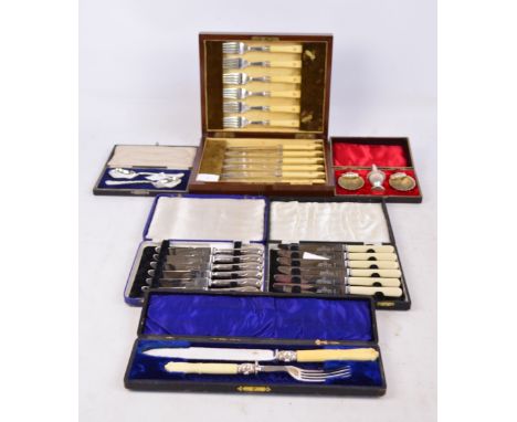 A group of electroplated flatware comprising a set of six mahogany cased ivorine handled fish knives and forks, Walker & Hall