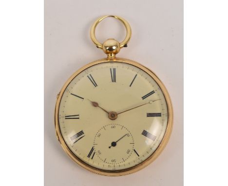 An early 19th century 18ct yellow gold open face key wind pocket watch, the circular dial set with Roman numerals and subsidi