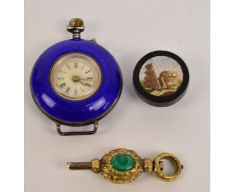 A late 19th century open face lady's crown wind fob watch with overall blue guilloche enamel decorated case, the circular dia