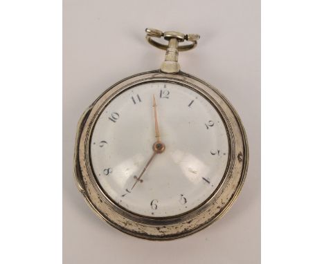 An early 19th century hallmarked silver pair cased open face key wind pocket watch, the circular enamel dial set with Arabic 