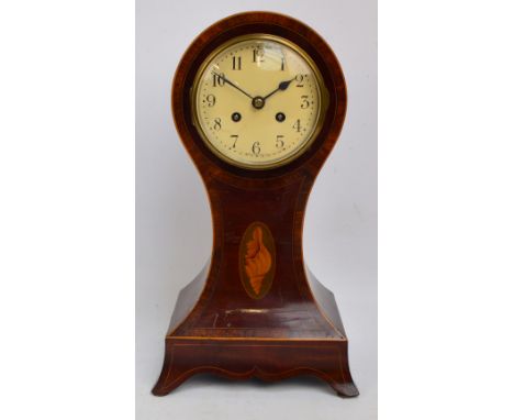 An Edwardian mahogany, boxwood strung, satinwood inlaid and crossbanded balloon shaped mantel clock, the circular painted dia
