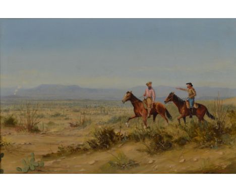 MICHAEL MATTHEWS (b.1933); oil on board,  "Two Prospectors in Old Arizona", signed, inscribed on a Arden Gallery of Arizona l